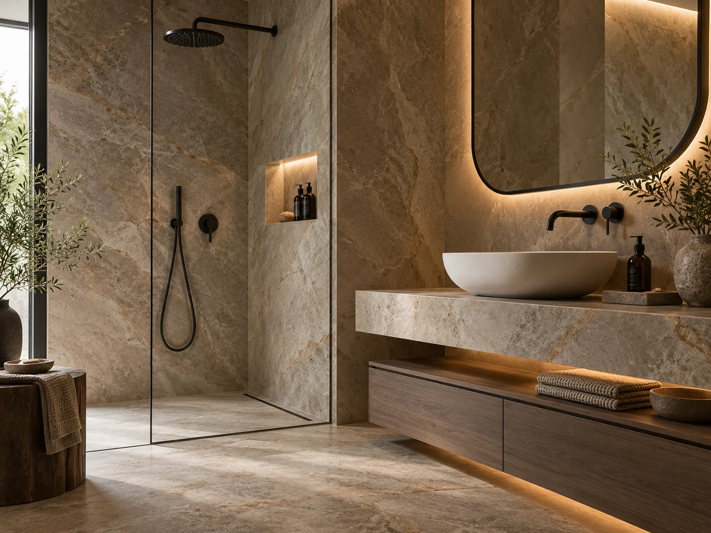 Modern bathroom with glass shower and marble wall finish