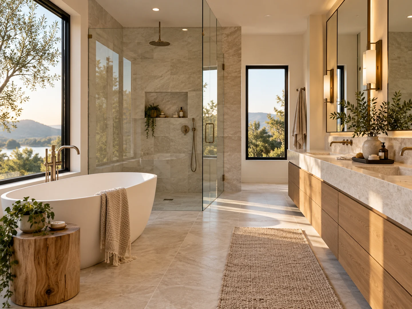 Modern shower with stone wall panels and black fixtures